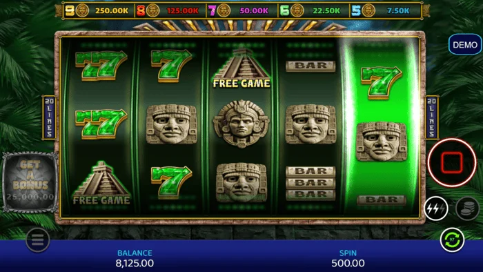 Mayan Madness - Spielbildschirm mit Walzen und Linien
